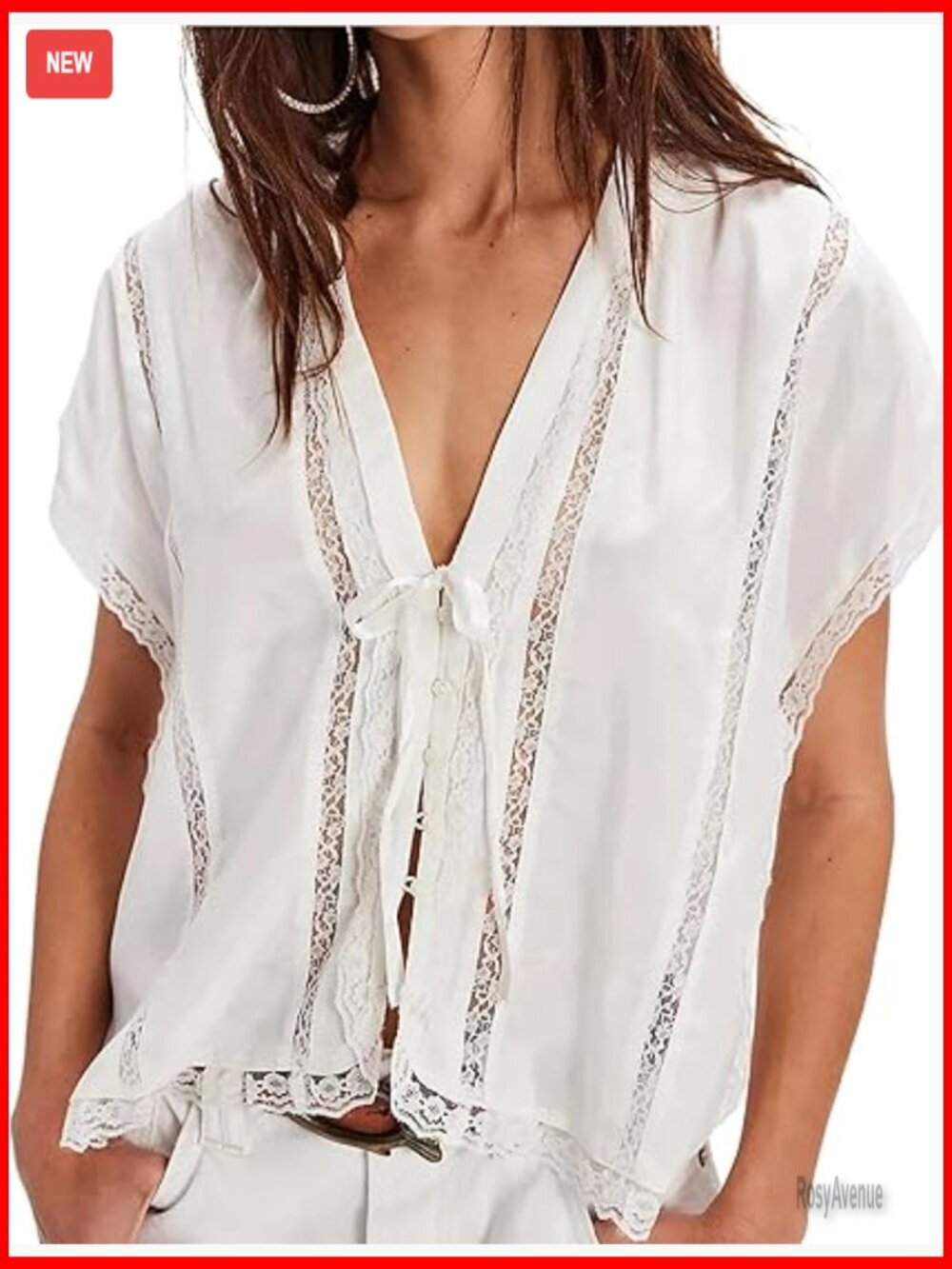Boho Lace Tie Front Tank Top Relaxed Fit Button Down Short Sleeve Blouse